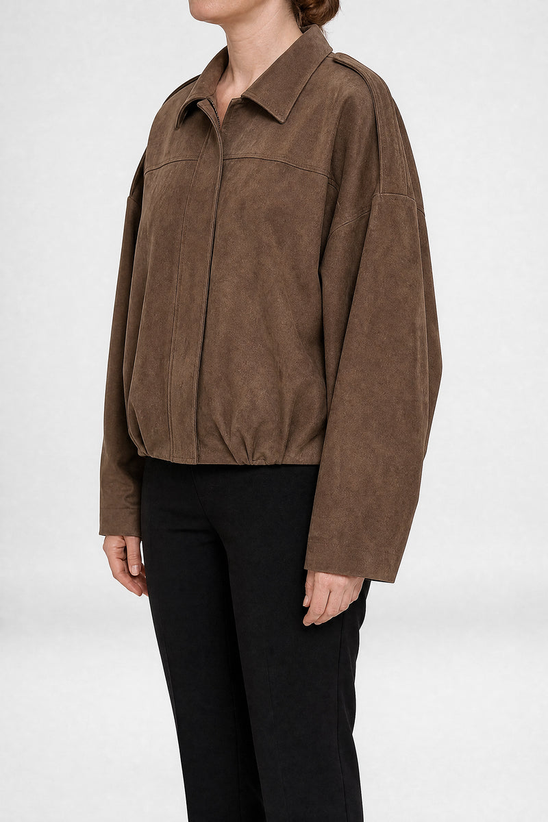 Sofaine Juanita women's suede-feel bomber jacket in Brown, side view