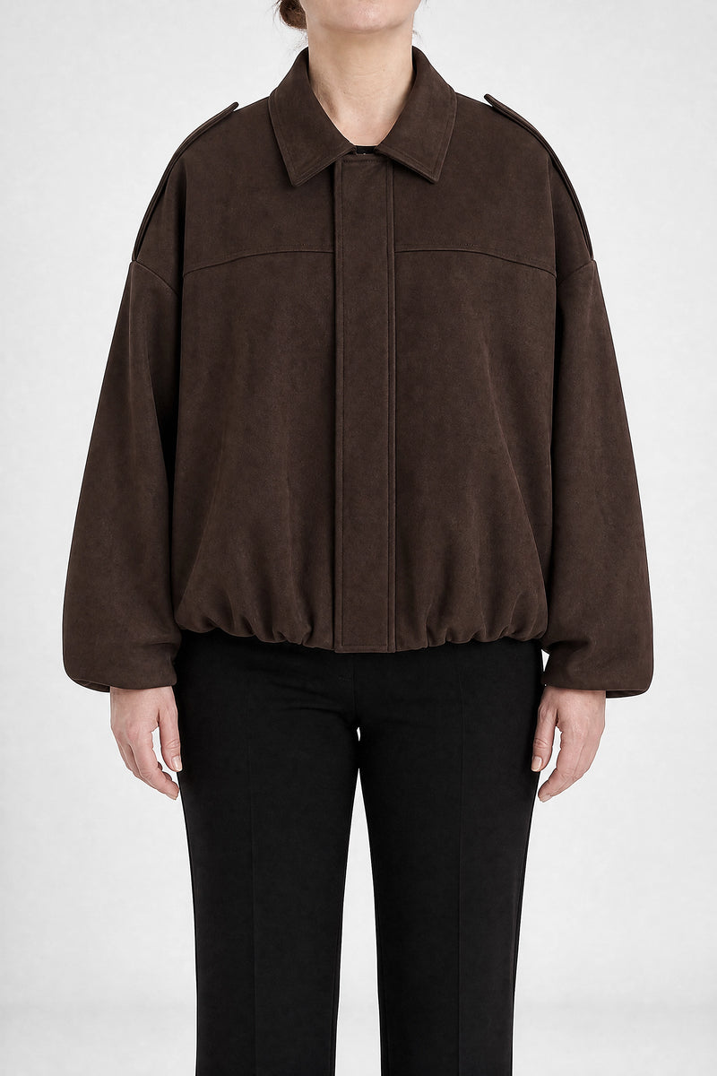 Sofaine Juanita women's suede-feel bomber jacket in Coffee, front view
