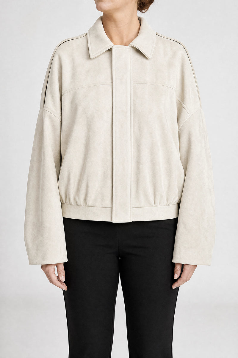 Sofaine Juanita women's suede-feel bomber jacket in Creme, front view