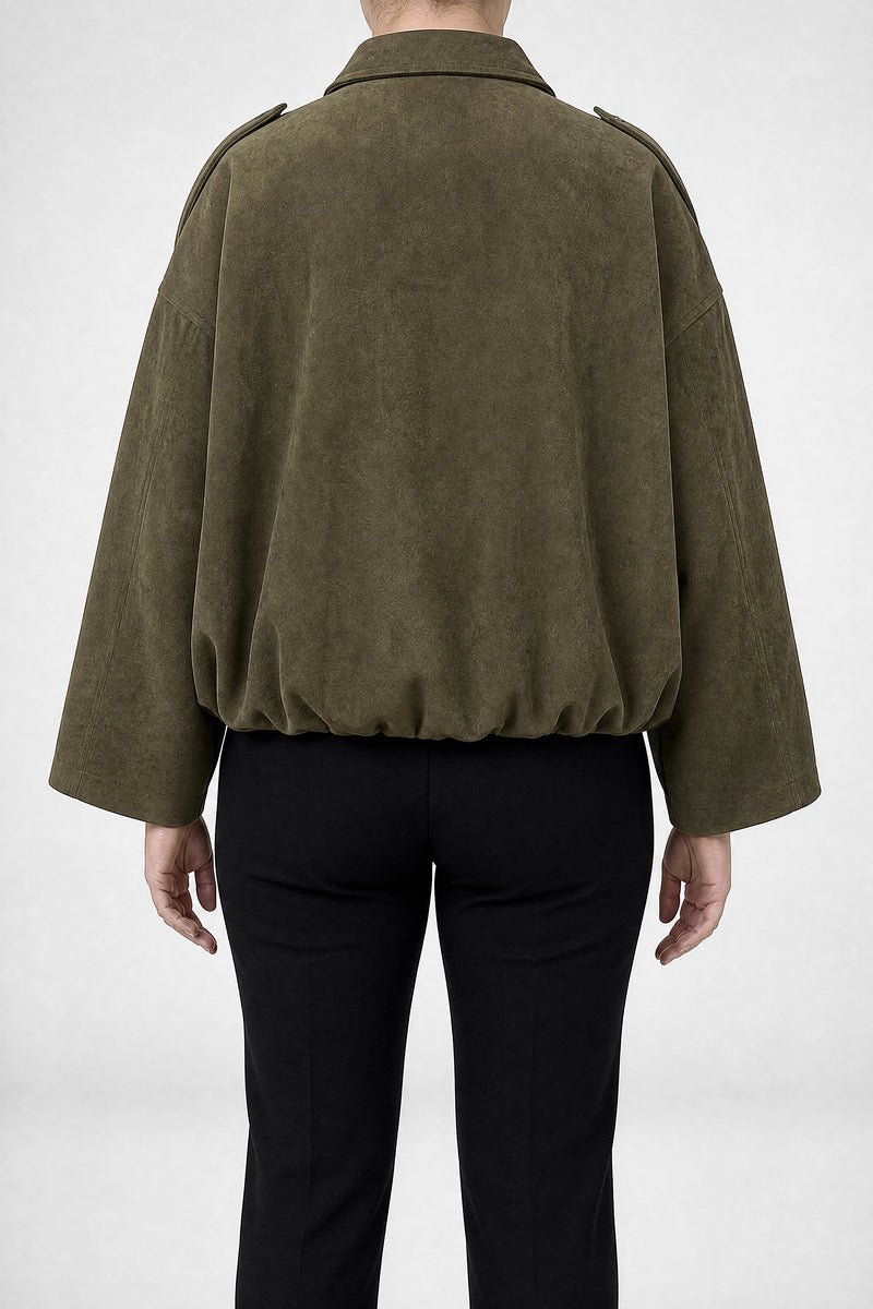 Sofaine Juanita women's suede-feel bomber jacket in Green, back view