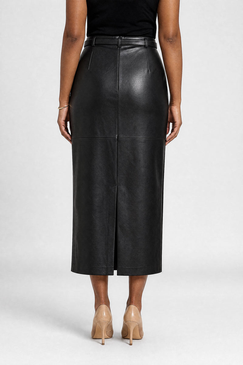 Sofaine Julia vegan leather pencil skirt in Black, back view studio shot