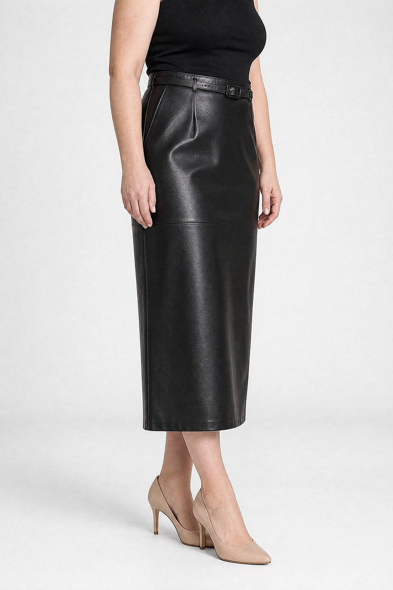 Sofaine Julia vegan leather pencil skirt in Black, side view studio shot