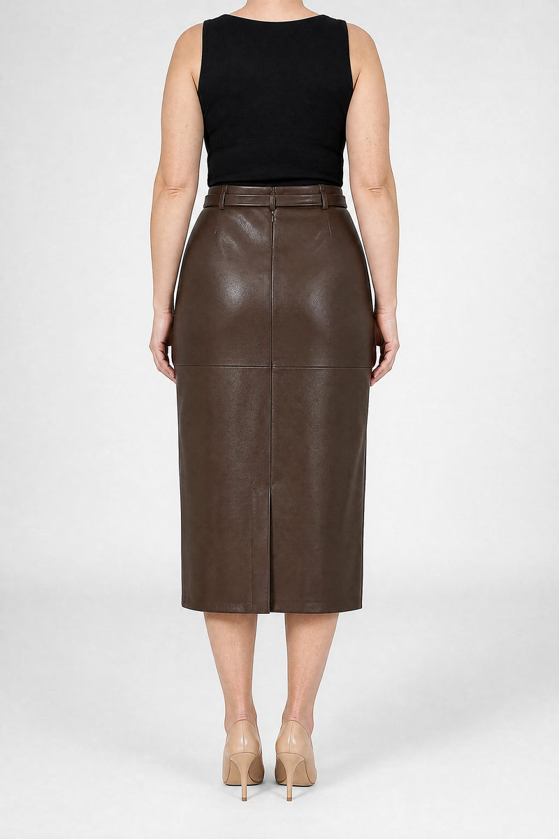 Sofaine Julia vegan leather pencil skirt in Brown, back view studio shot