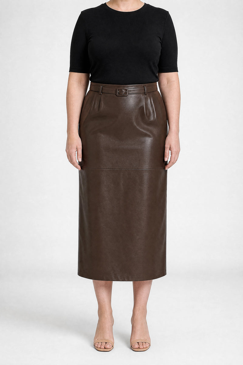 Sofaine Julia vegan leather pencil skirt in Brown, front view studio shot