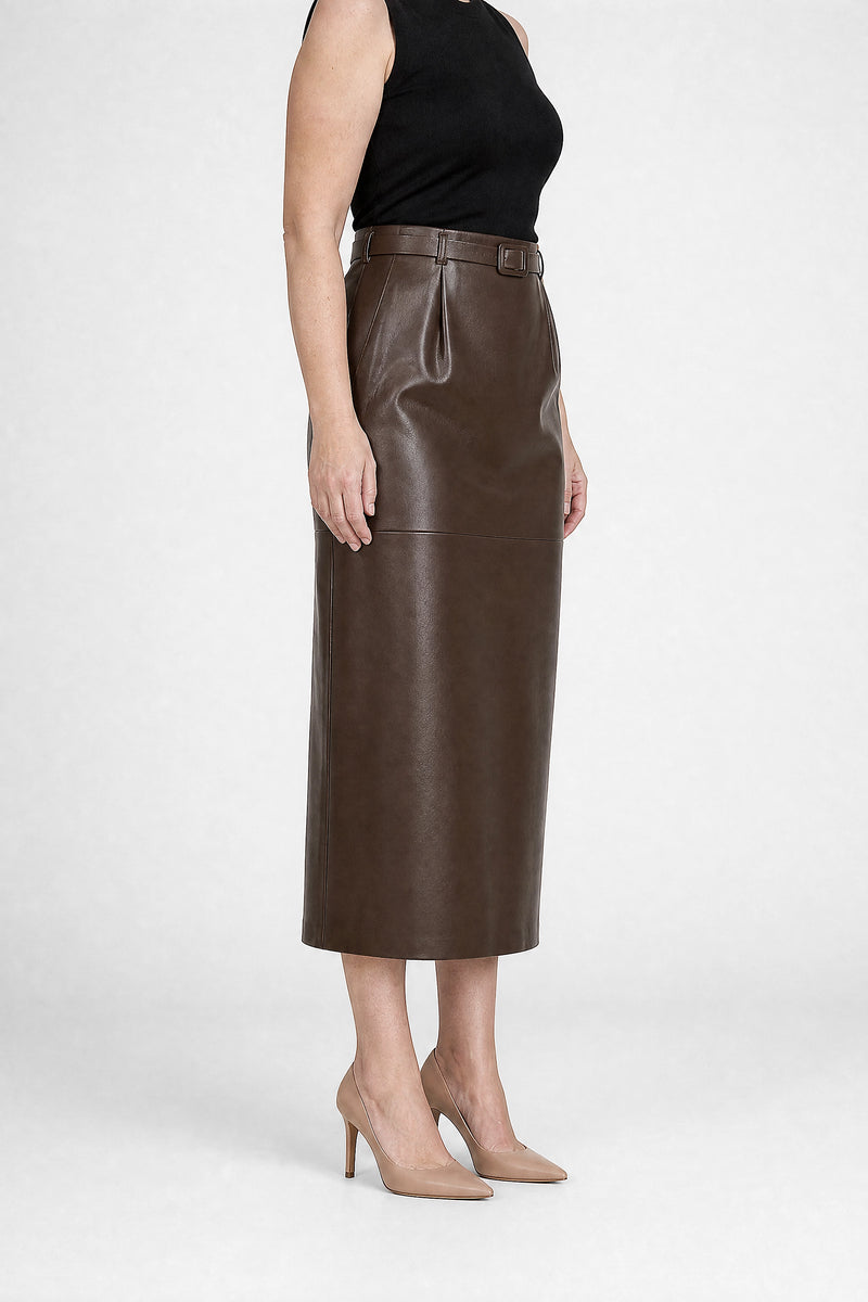 Sofaine Julia vegan leather pencil skirt in Brown, side view studio shot