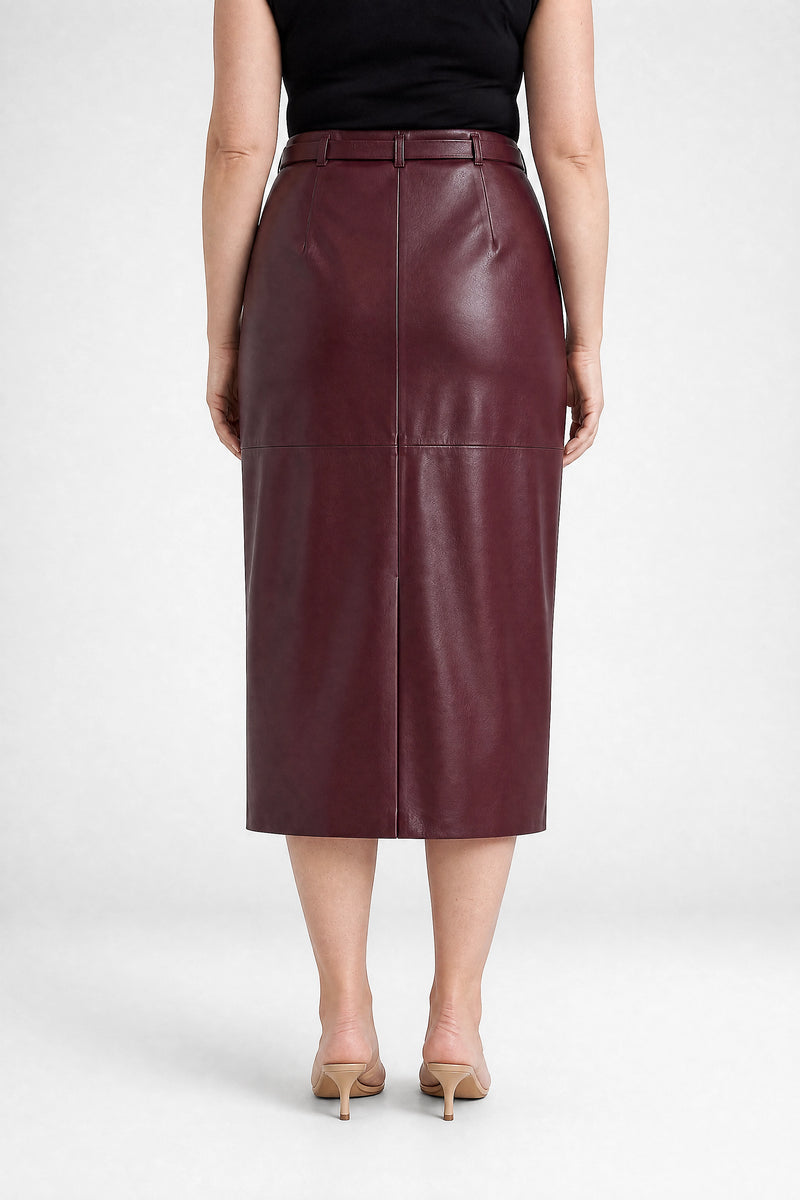 Sofaine Julia vegan leather pencil skirt in Burgundy, back view studio shot