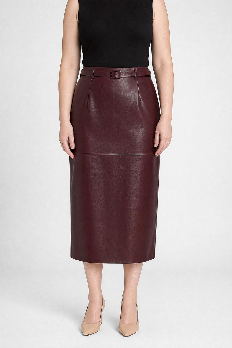 Sofaine Julia vegan leather pencil skirt in Burgundy, front view studio shot
