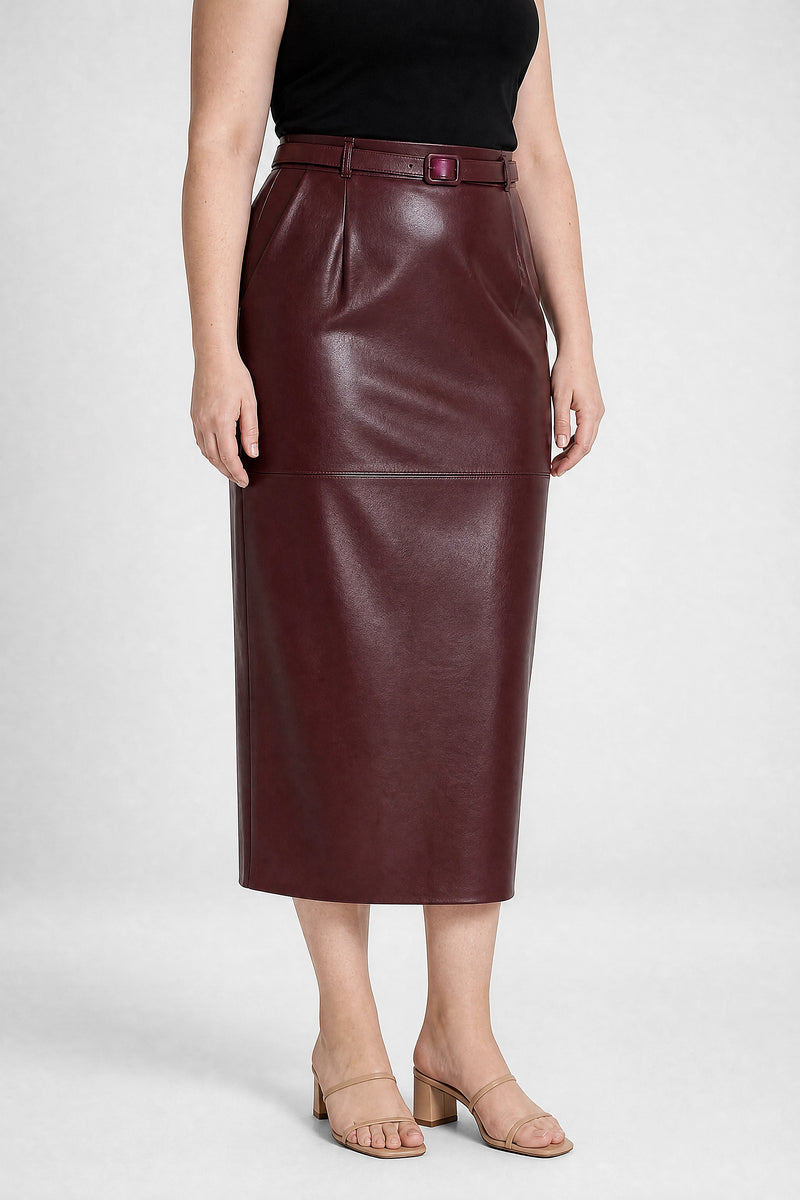 Sofaine Julia vegan leather pencil skirt in Burgundy, side view studio shot