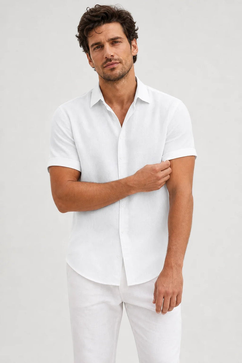 Sofaine Julian short-sleeve button-up shirt in white, worn front view