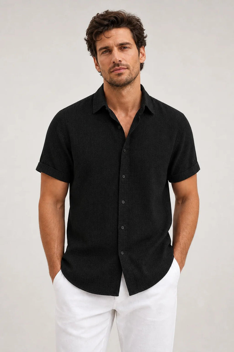Sofaine Julian short-sleeve button-up shirt in black, worn front view