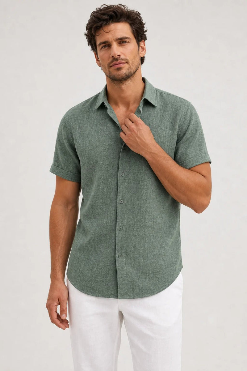 Sofaine Julian short-sleeve button-up shirt in sage green, worn front view