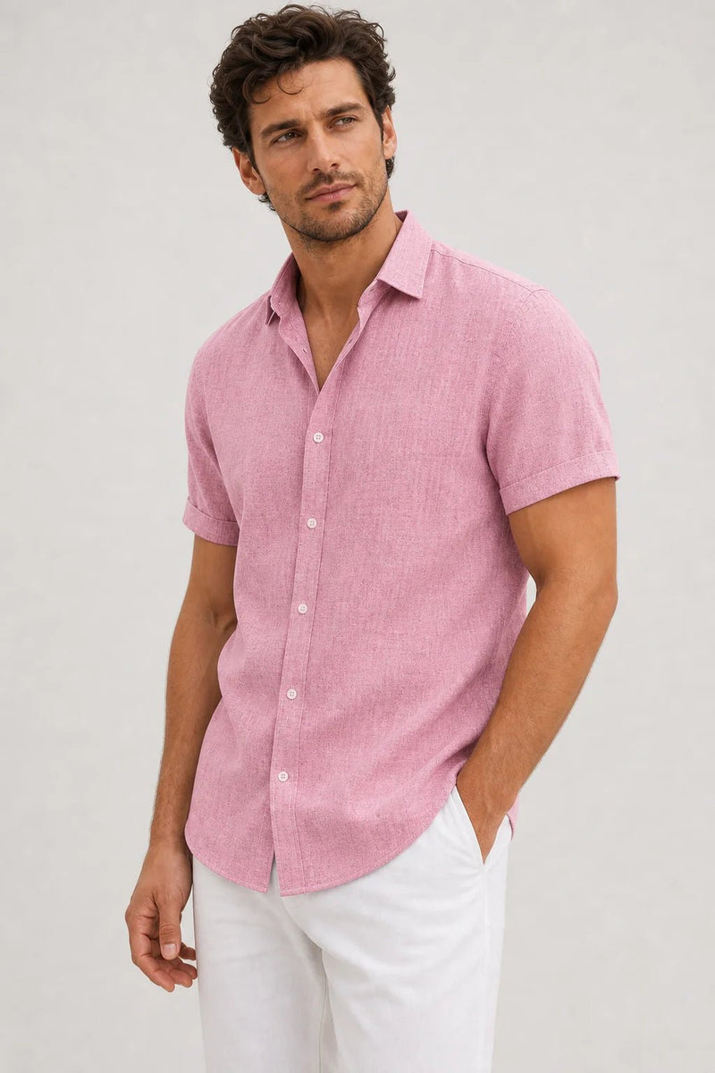 Sofaine Julian short-sleeve button-up shirt in dusty pink, worn front view