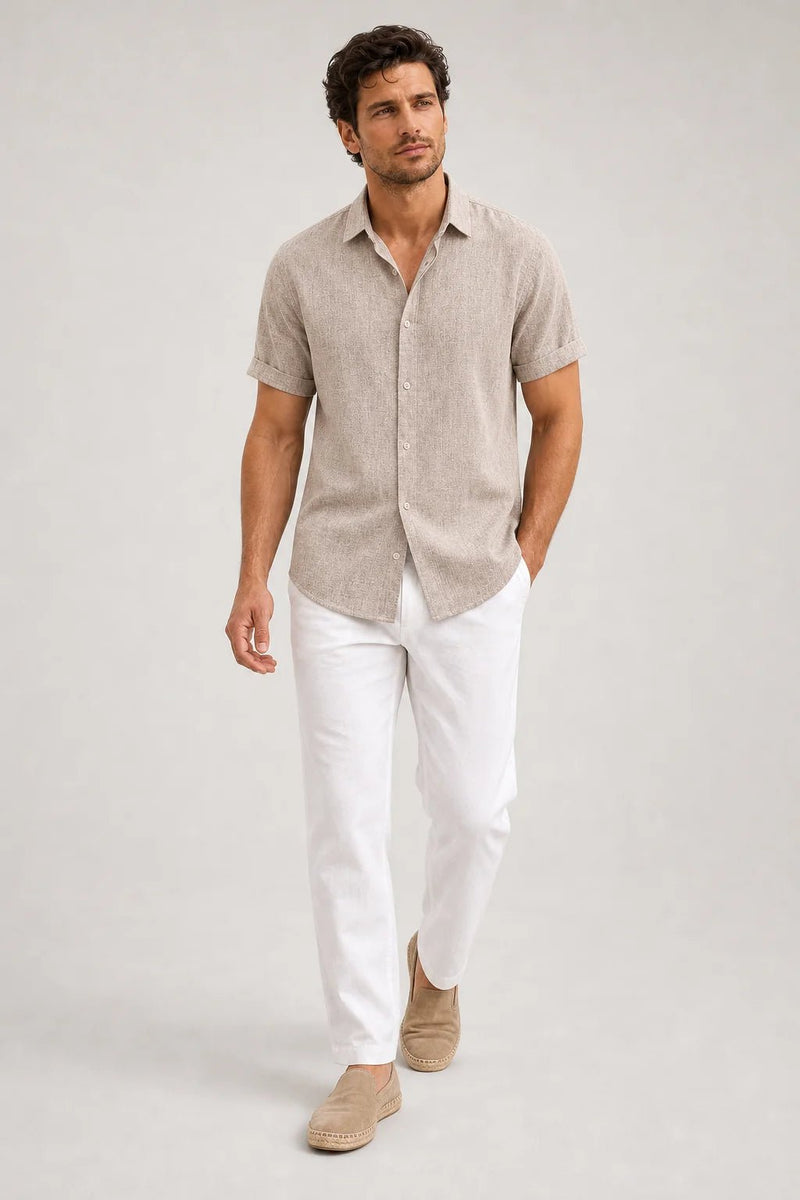 Sofaine Julian short-sleeve button-up shirt in taupe melange with white trousers, styled full look