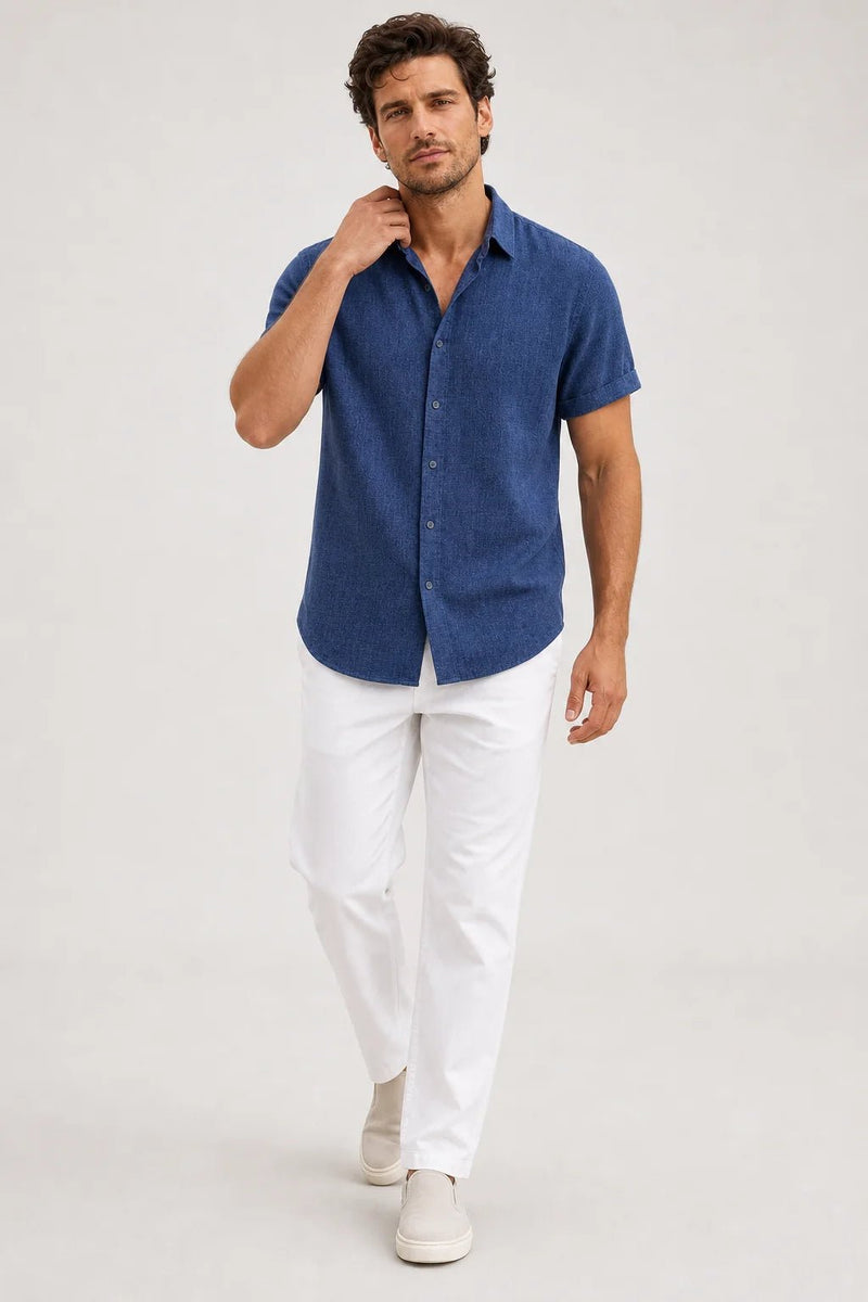 Sofaine Julian short-sleeve shirt in navy blue with white trousers, styled full look