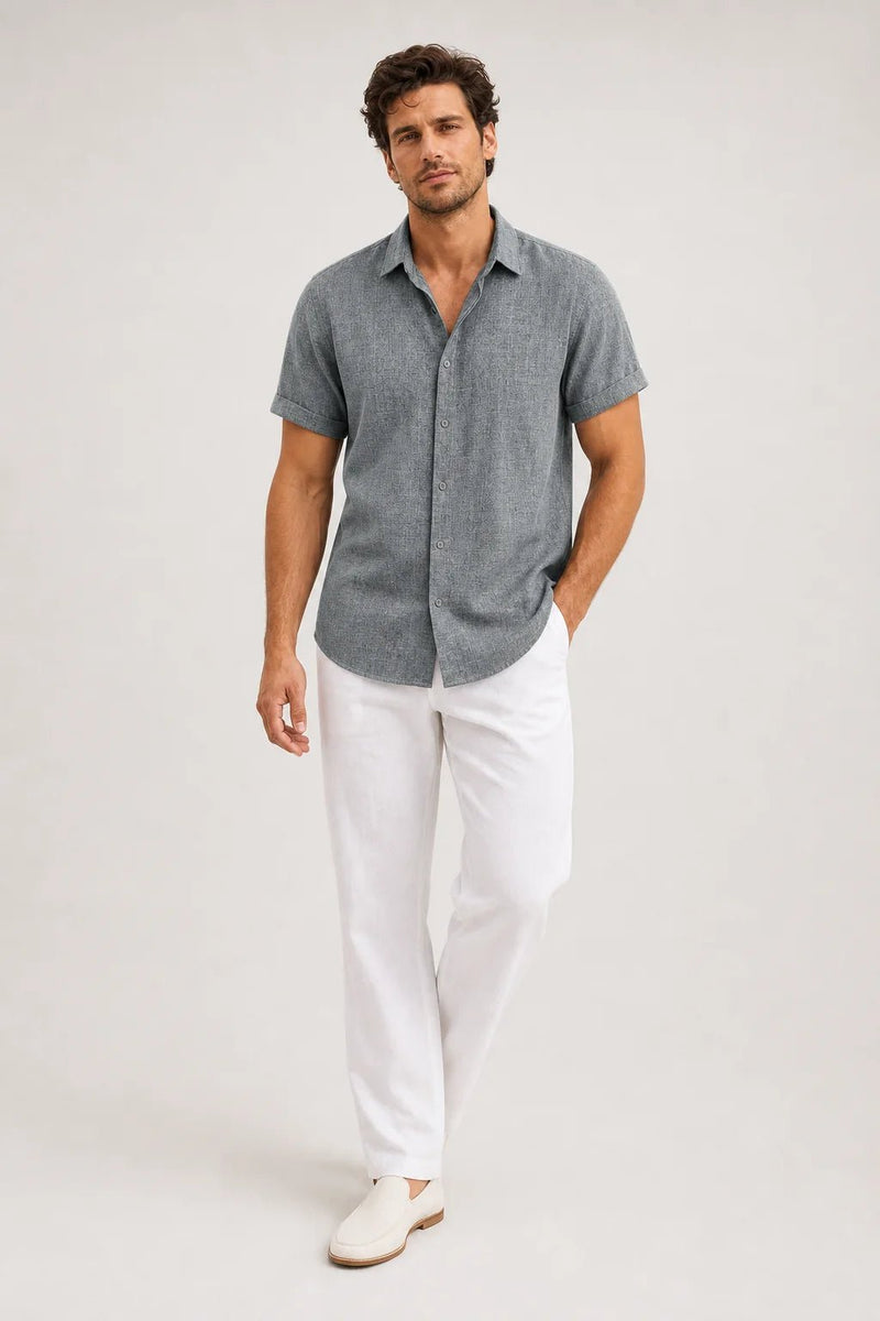 Sofaine Julian short-sleeve button-up shirt in grey melange, styled full look