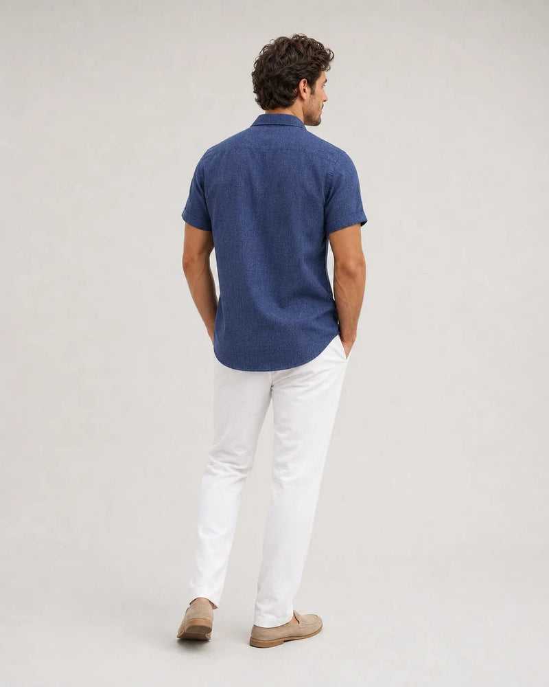 Sofaine Julian short-sleeve button-up shirt in navy blue, back view