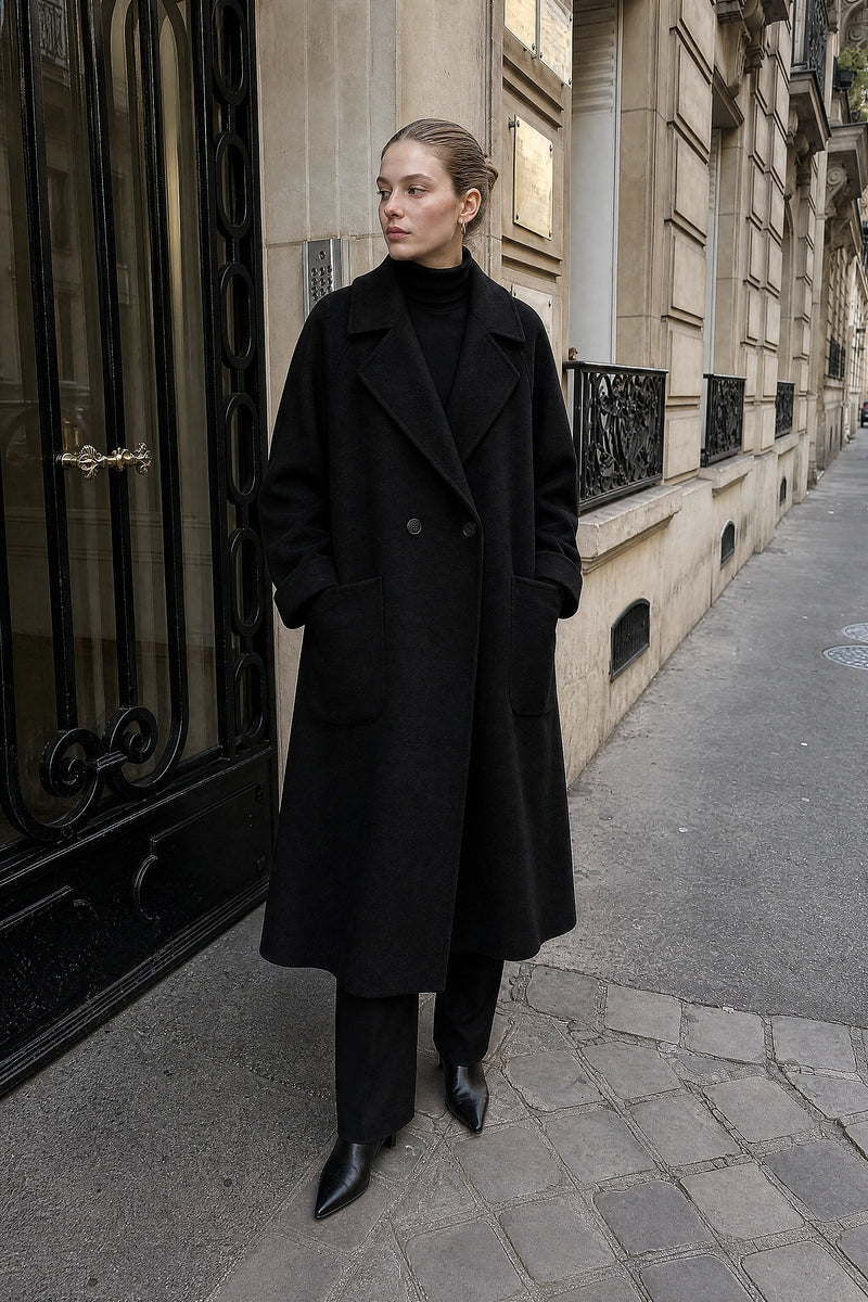 SOFAINE-V7-LIFE-Julie | Wool-Feel Coat in Black, street-style view