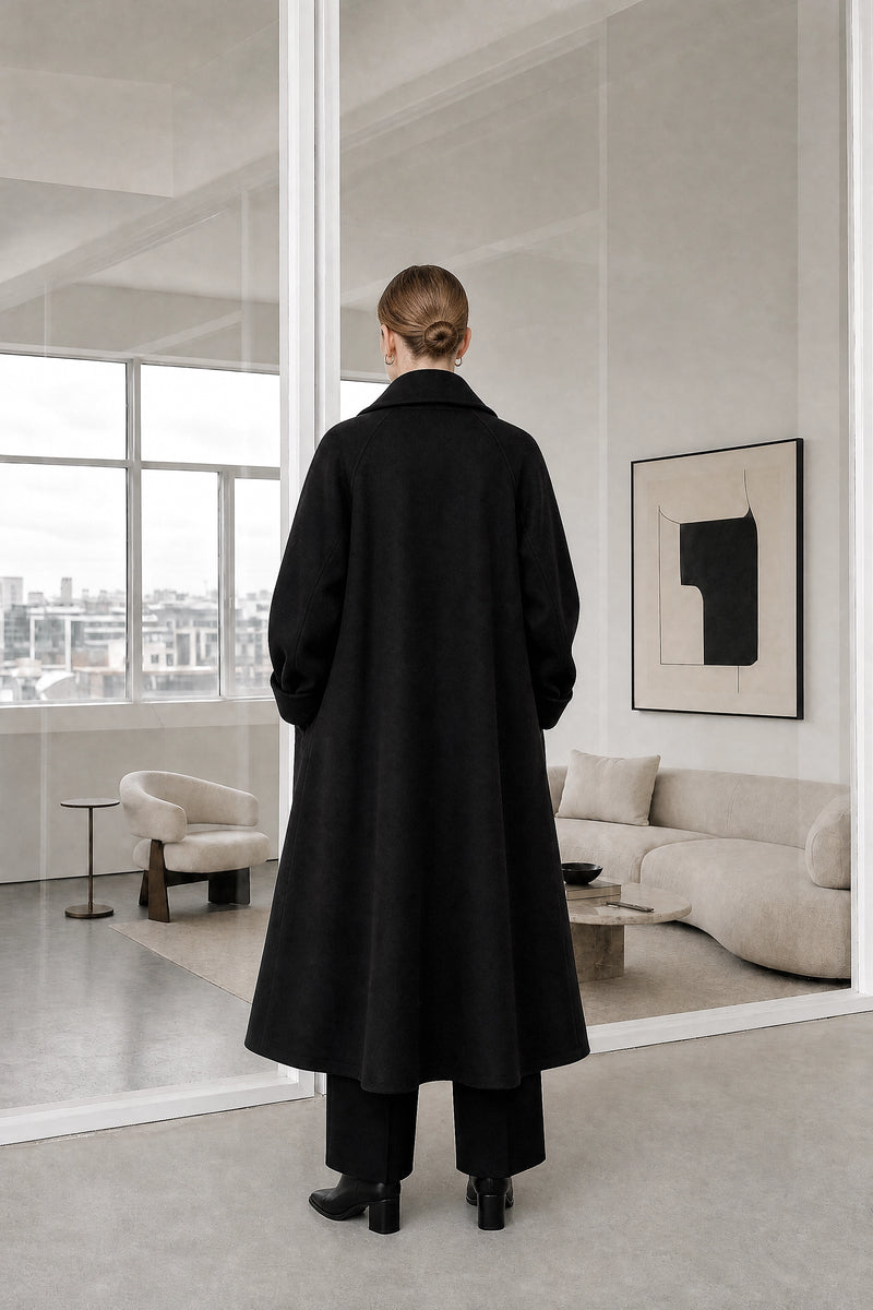 Julie | Wool-Feel Coat in Black, studio back view