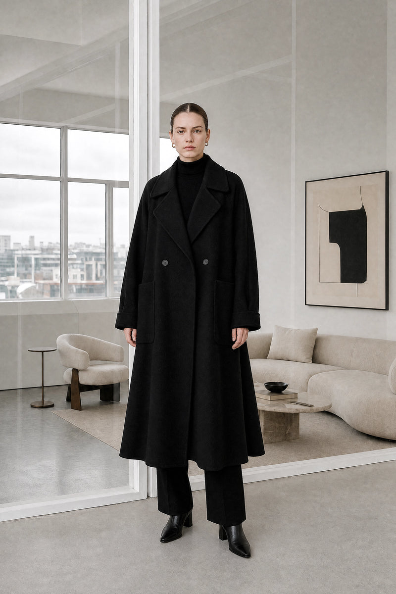 Julie | Wool-Feel Coat in Black, studio front view