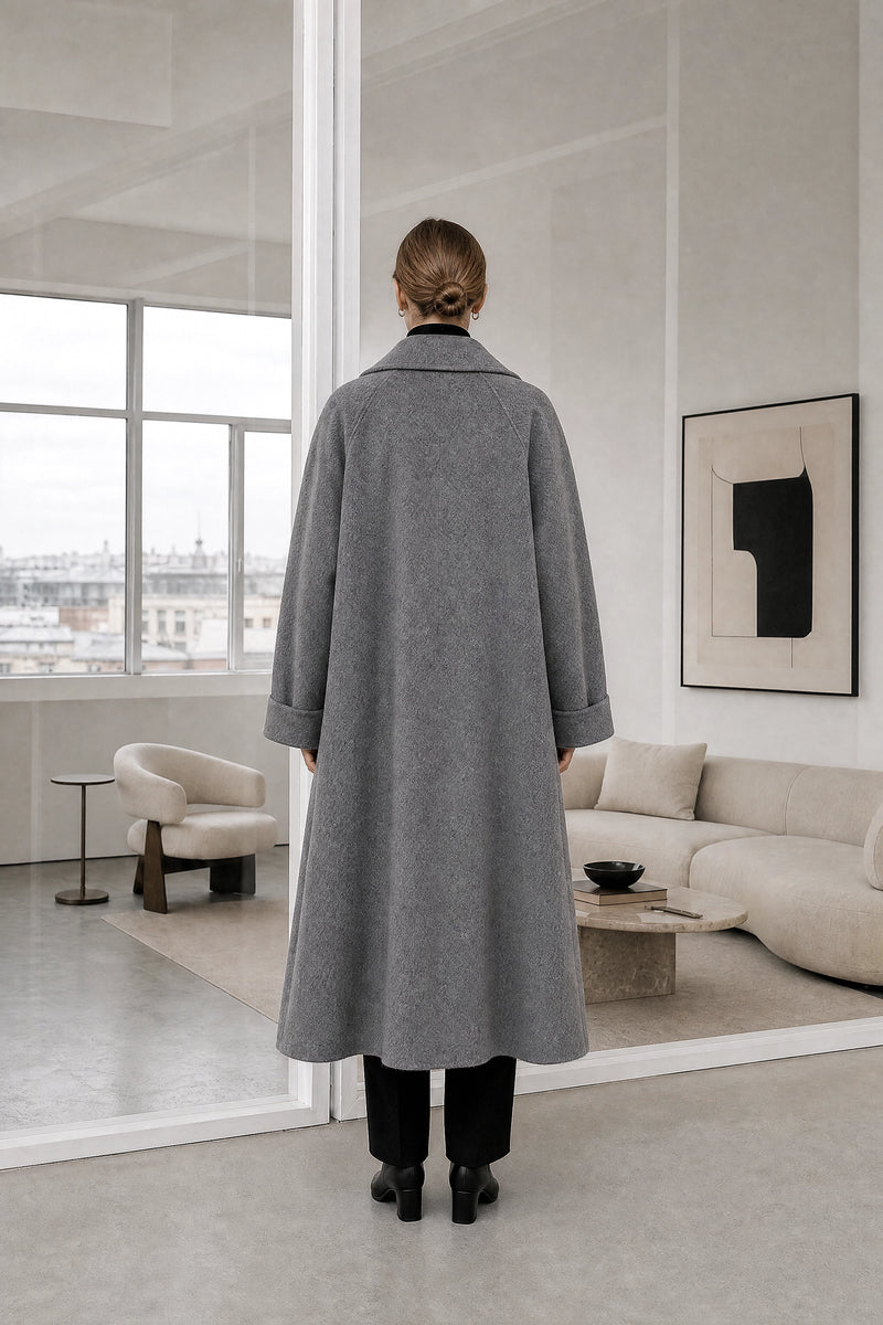 Julie | Wool-Feel Coat in Gray, studio back view