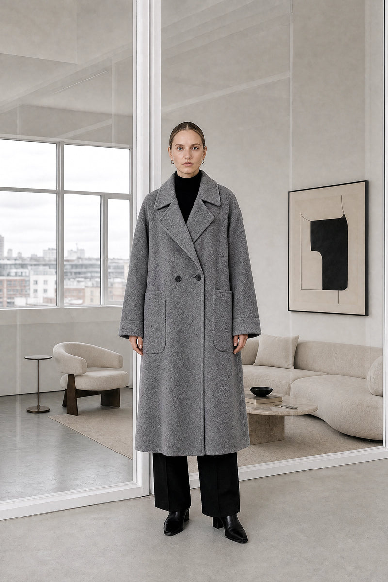 Julie | Wool-Feel Coat in Gray, studio front view