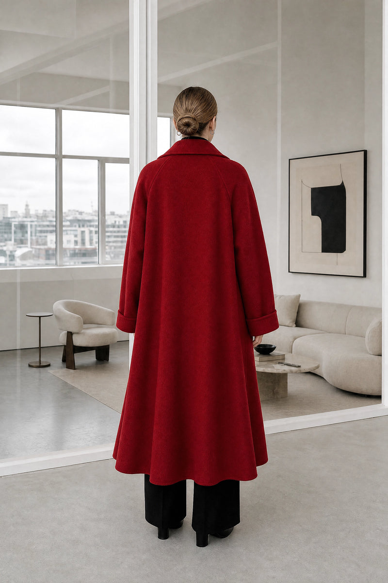 Julie | Wool-Feel Coat in Red, studio back view