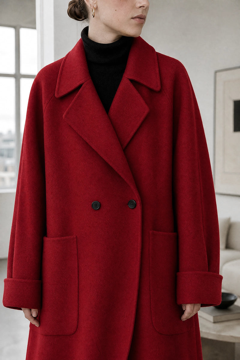 Julie | Wool-Feel Coat in Red, fabric close-up