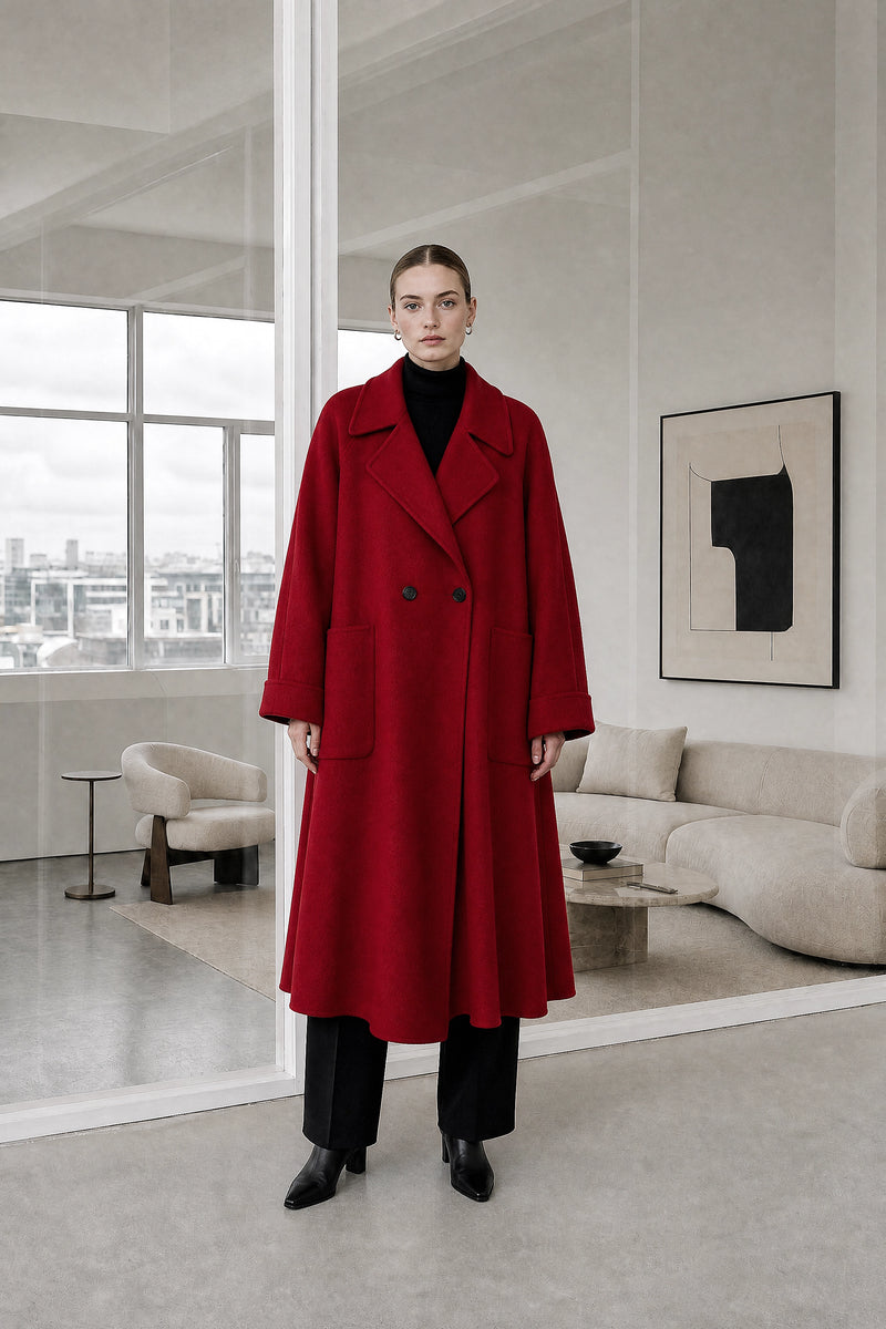 Julie | Wool-Feel Coat in Red, studio front view