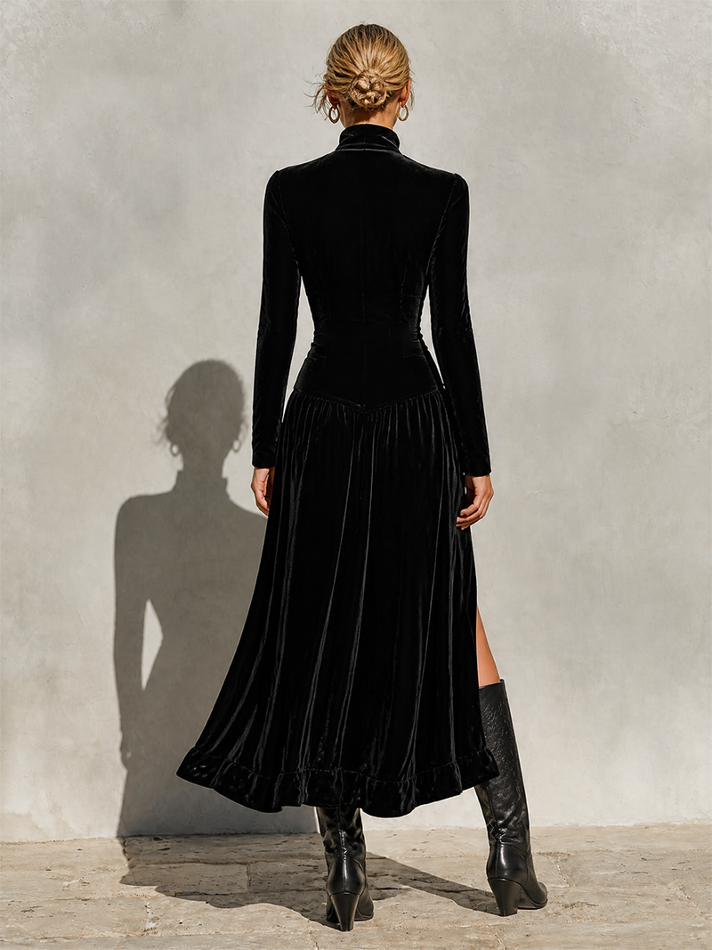 Button Front Velvet Maxi Dress for Women with Stand Collar and Front Slit in Black, back view