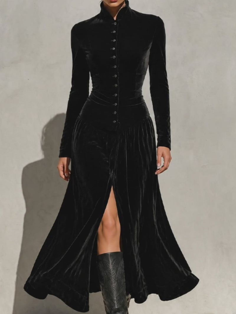 Button Front Velvet Maxi Dress for Women with Stand Collar and Front Slit in Black, full front view