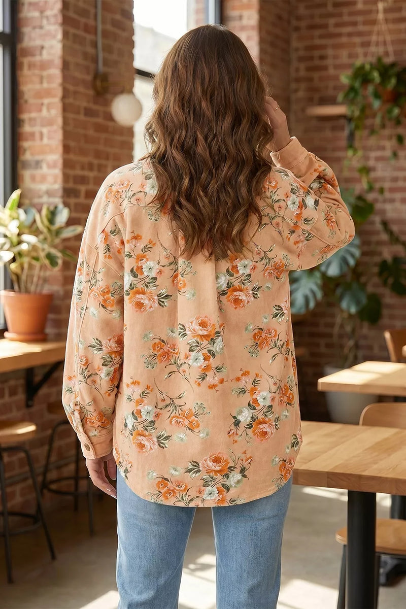 Floral Denim Shacket for Women with Chest Flap Pockets and Curved Hem in Peach, back view