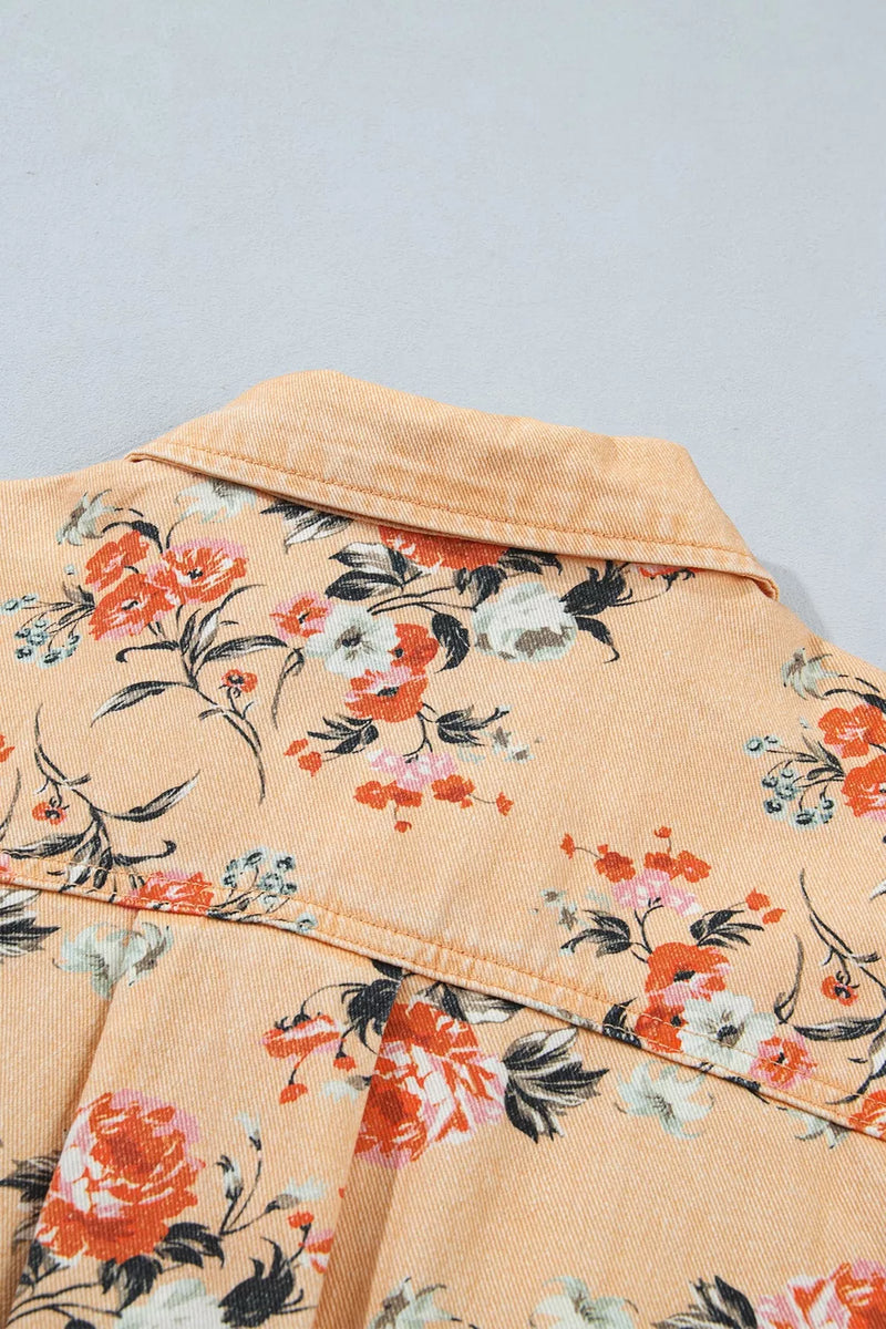 Floral Denim Shacket for Women with Chest Flap Pockets and Curved Hem in Peach, back yoke detail