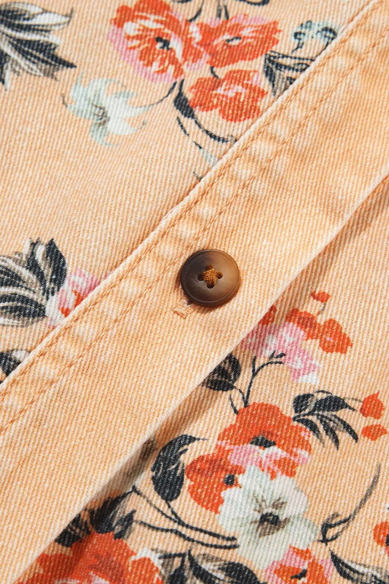 Floral Denim Shacket for Women with Chest Flap Pockets and Curved Hem in Peach, button detail