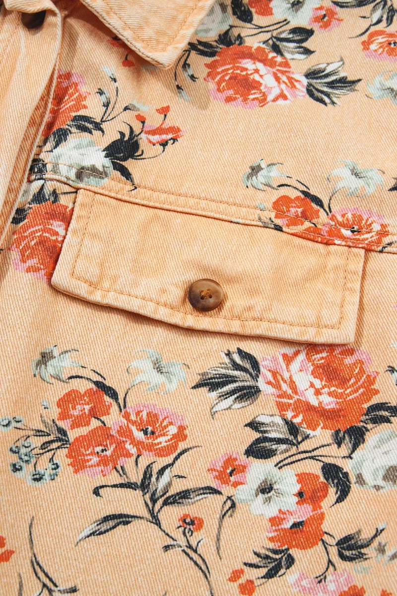 Floral Denim Shacket for Women with Chest Flap Pockets and Curved Hem in Peach, chest pocket detail