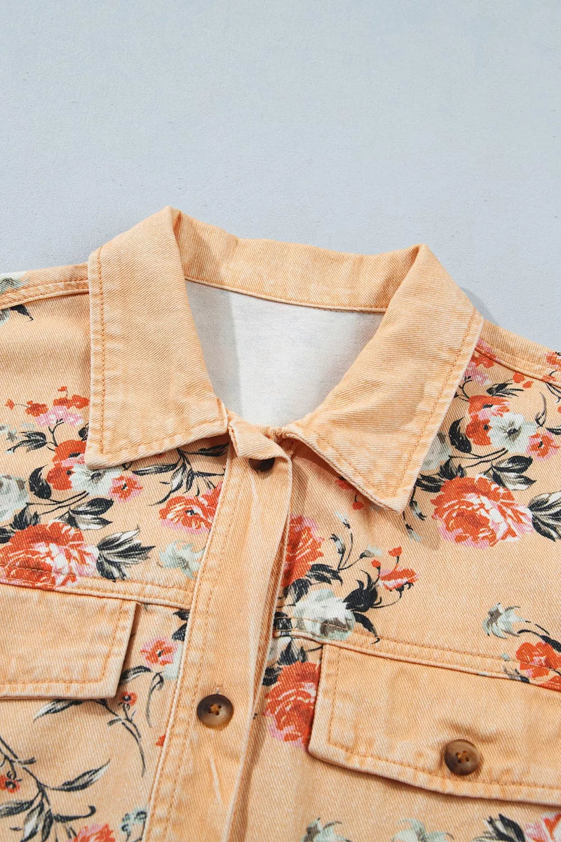 Floral Denim Shacket for Women with Chest Flap Pockets and Curved Hem in Peach, collar detail