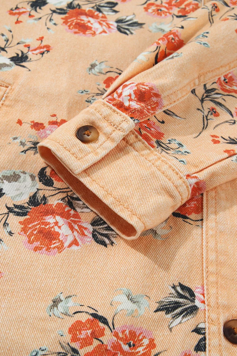 Floral Denim Shacket for Women with Chest Flap Pockets and Curved Hem in Peach, cuff detail