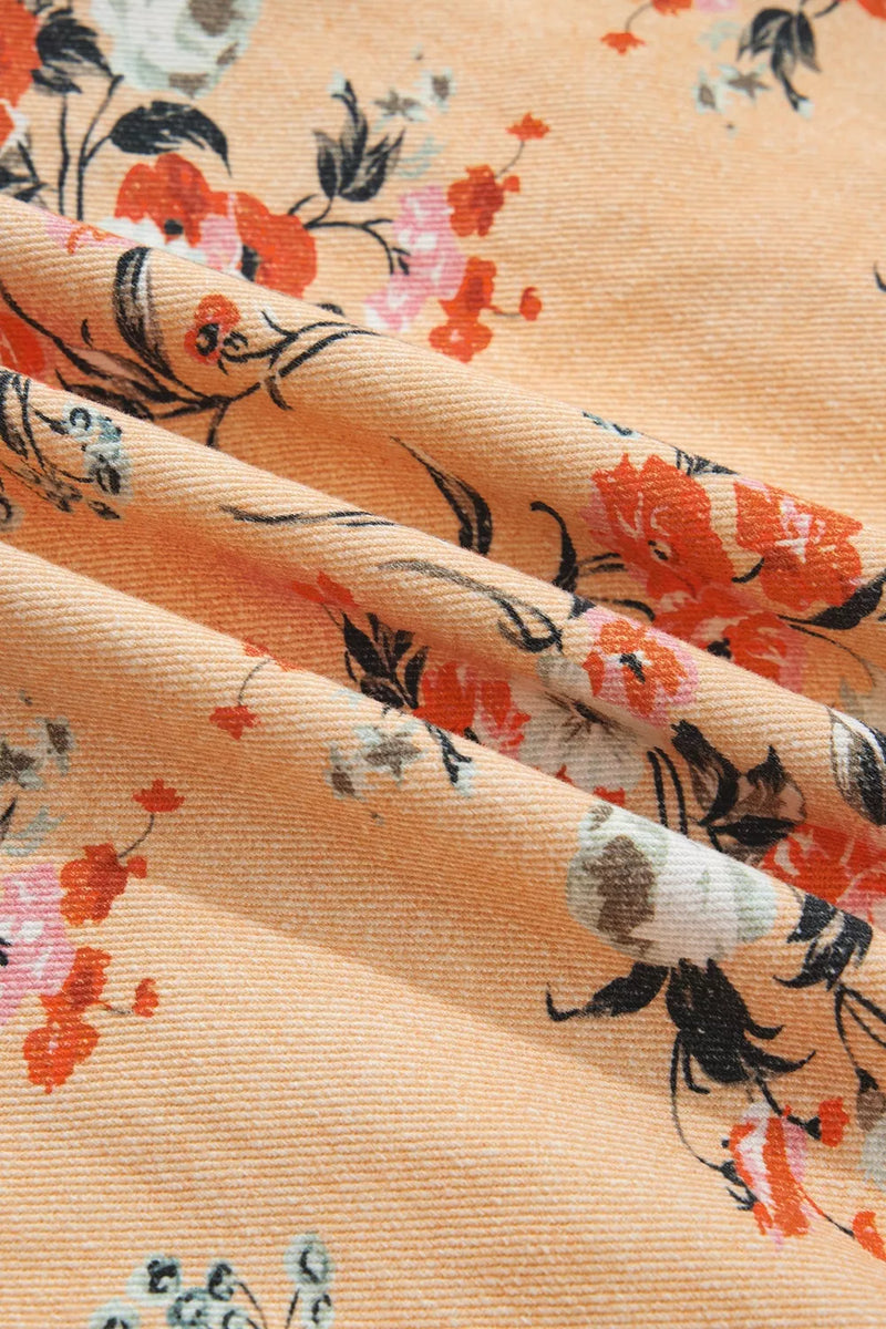 Floral Denim Shacket for Women with Chest Flap Pockets and Curved Hem in Peach, fabric close-up