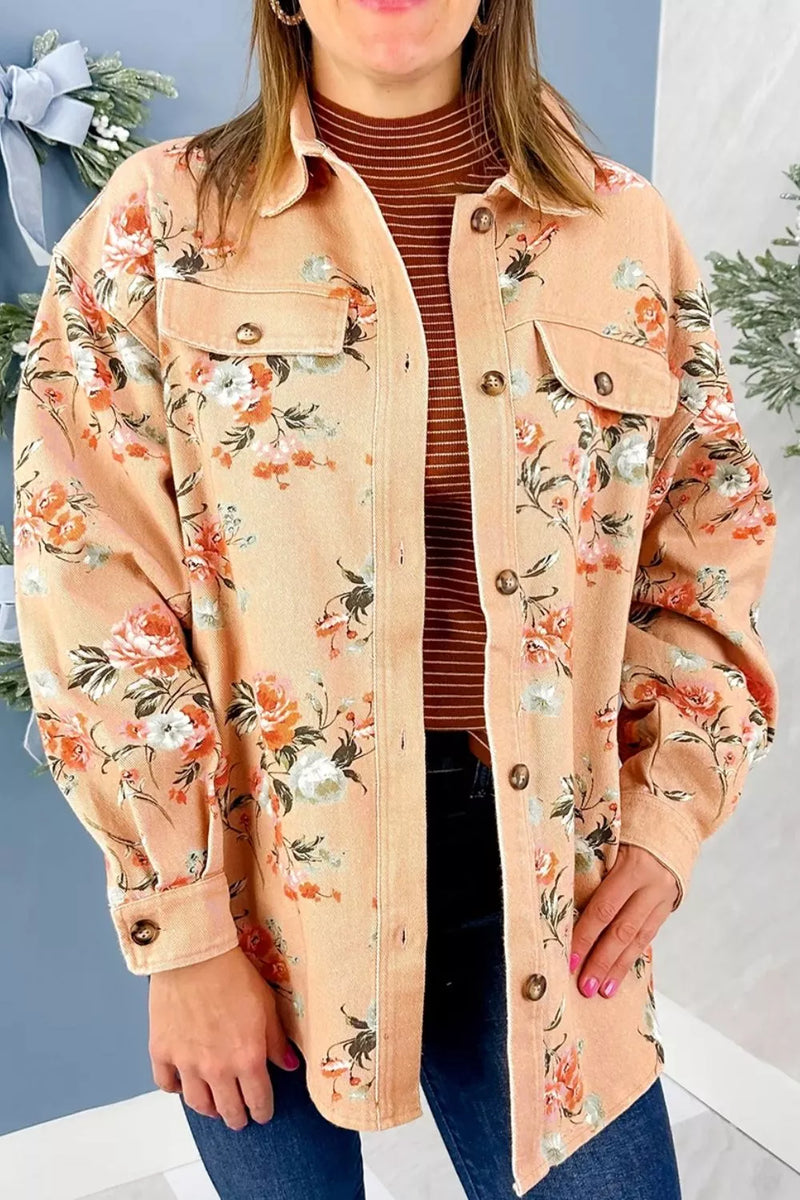 Floral Denim Shacket for Women with Chest Flap Pockets and Curved Hem in Peach, front close-up