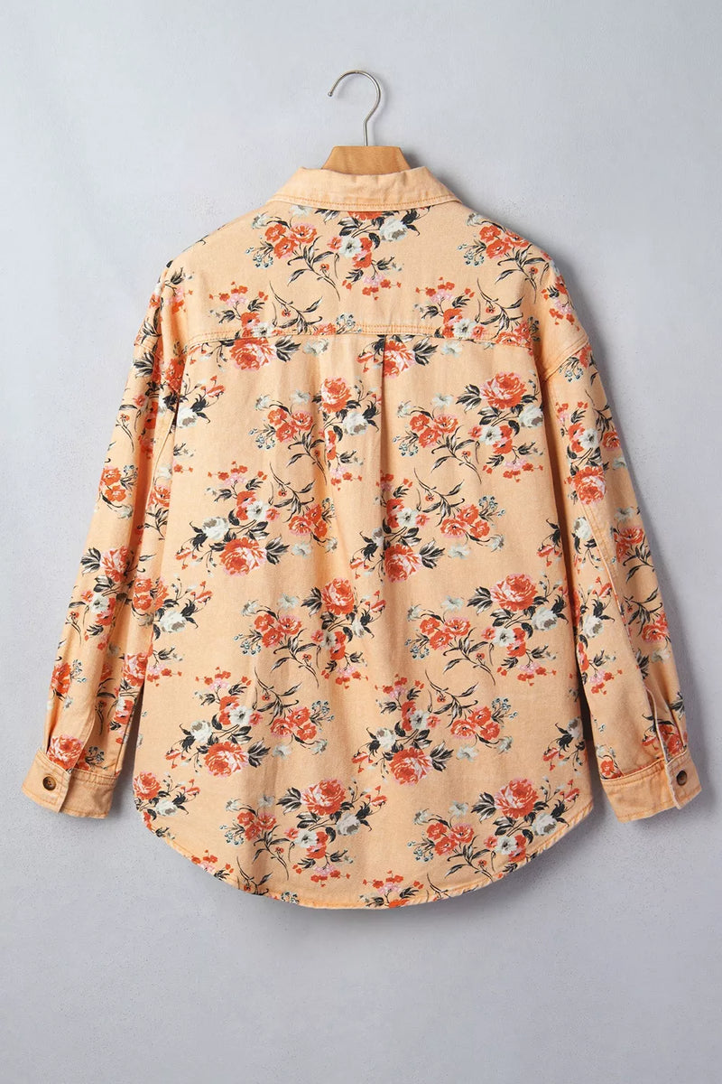 Floral Denim Shacket for Women with Chest Flap Pockets and Curved Hem in Peach, hanger back view