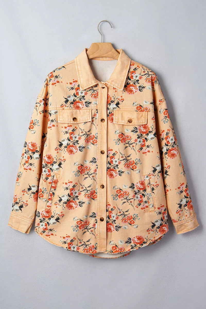 Floral Denim Shacket for Women with Chest Flap Pockets and Curved Hem in Peach, hanger front view