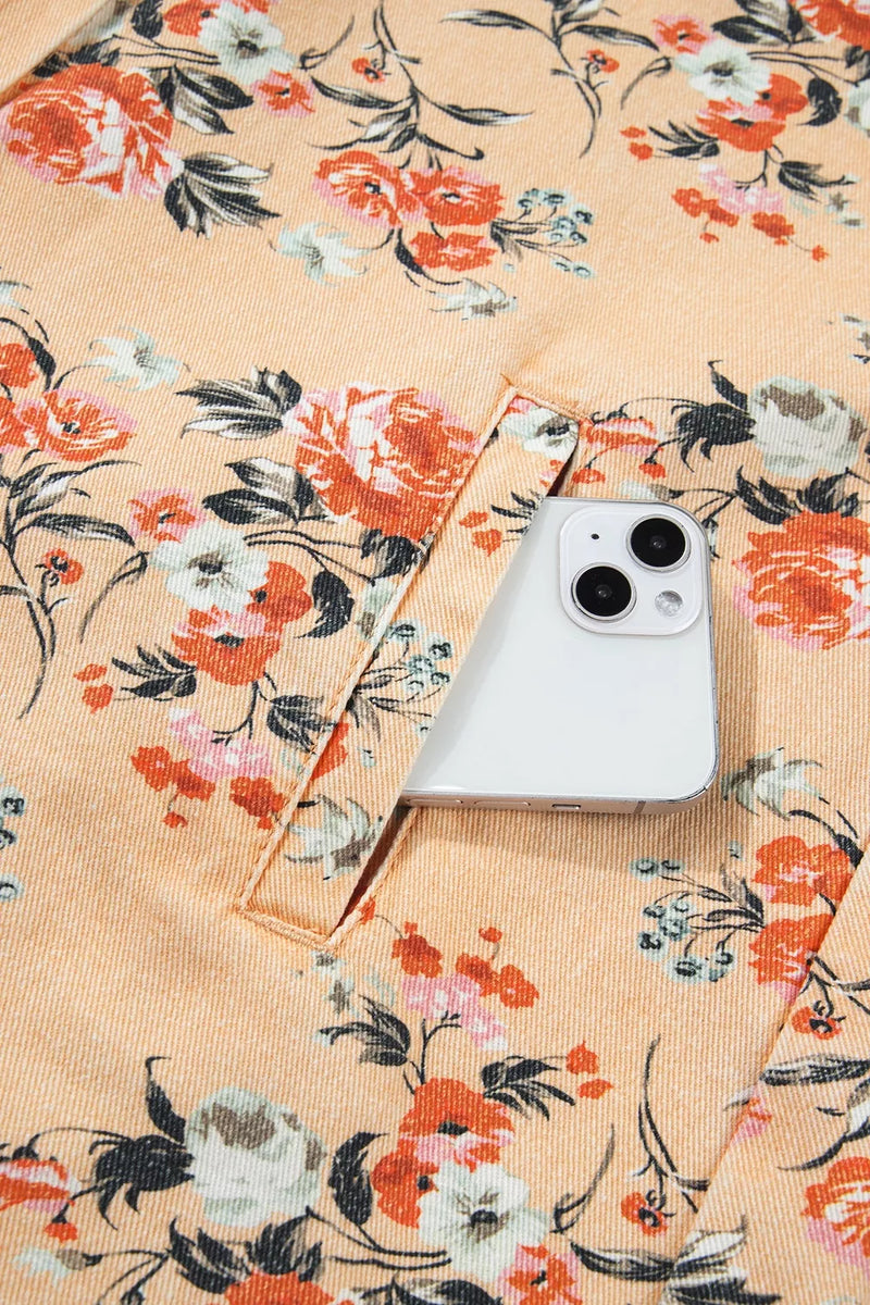 Floral Denim Shacket for Women with Chest Flap Pockets and Curved Hem in Peach, side pocket detail