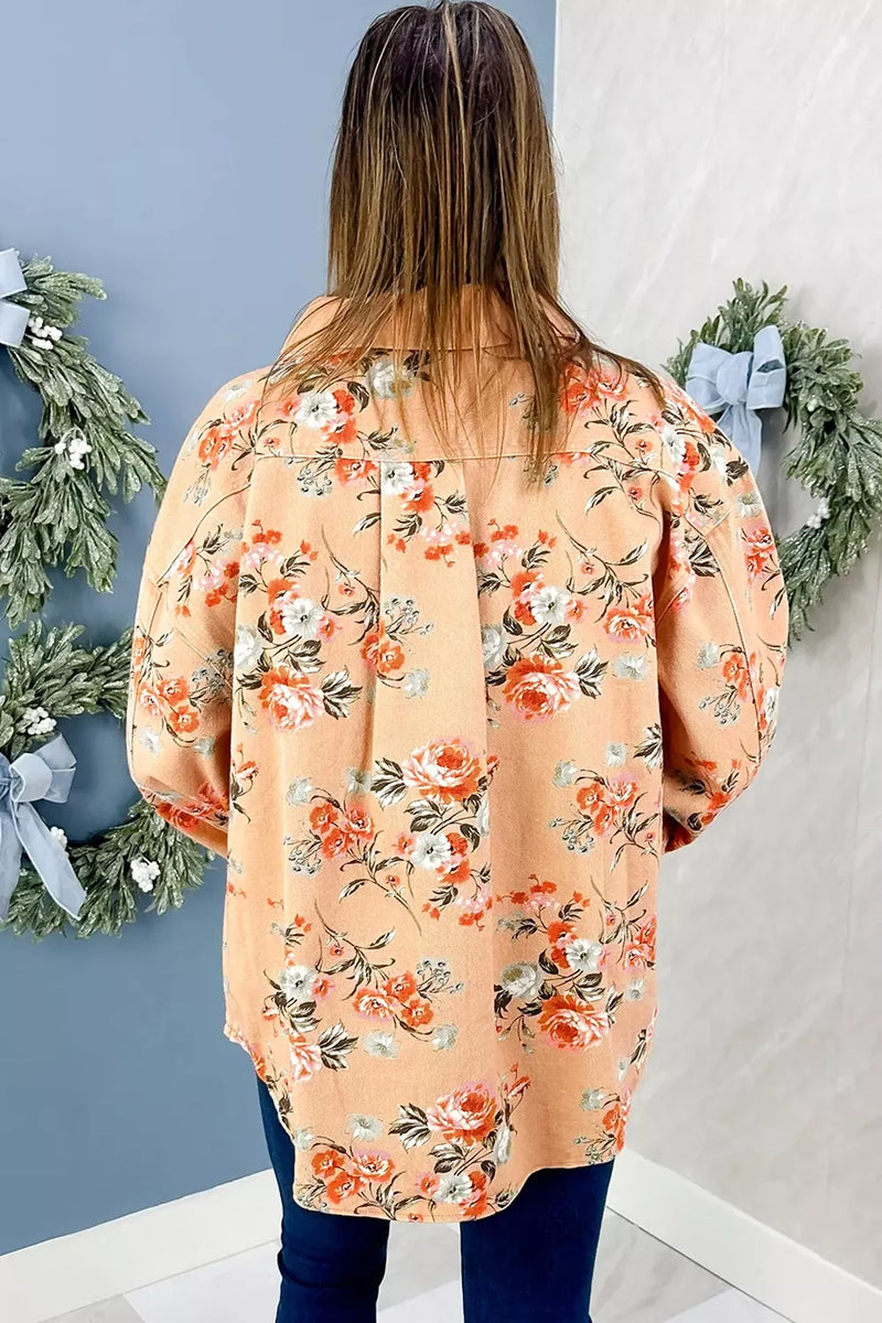 Floral Denim Shacket for Women with Chest Flap Pockets and Curved Hem in Peach, styled back view