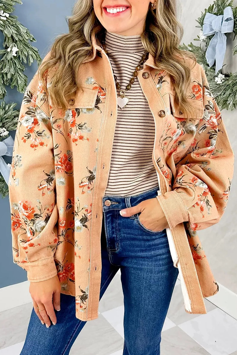 Floral Denim Shacket for Women with Chest Flap Pockets and Curved Hem in Peach, styled view