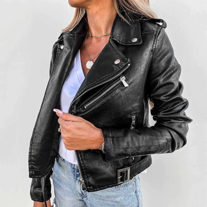 Lined Faux Leather Biker Jacket for Women with Asymmetric Zip and Belt in Black, close-up