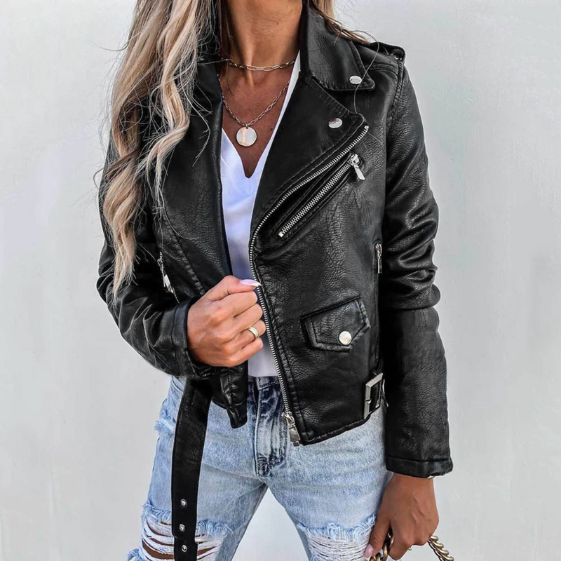 Lined Faux Leather Biker Jacket for Women with Asymmetric Zip and Belt in Black, front view