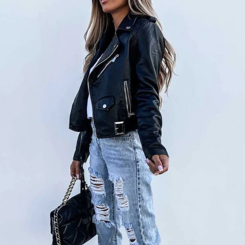 Lined Faux Leather Biker Jacket for Women with Asymmetric Zip and Belt in Black, side view