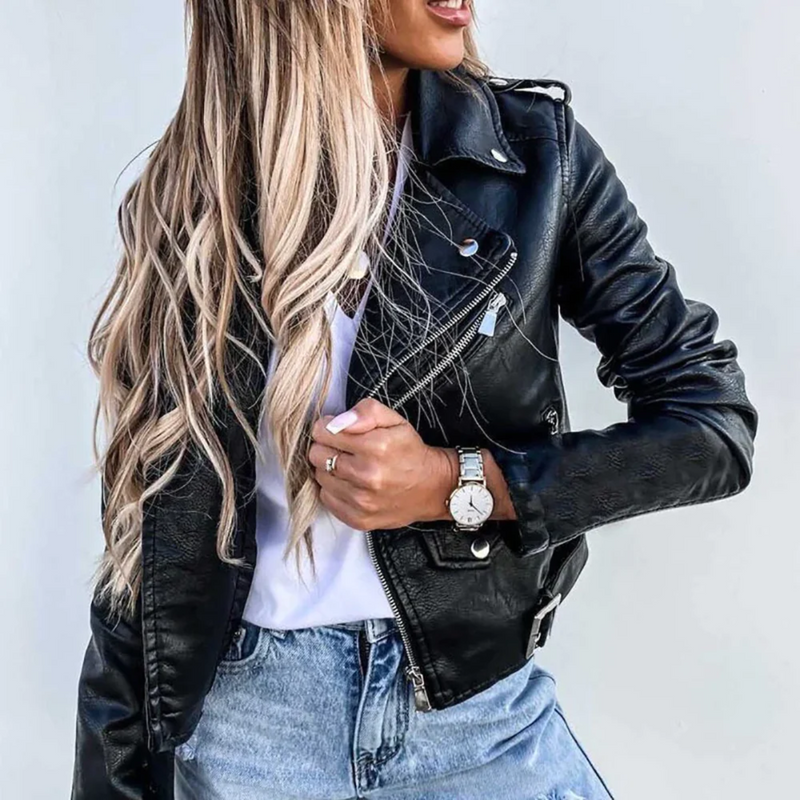 Lined Faux Leather Biker Jacket for Women with Asymmetric Zip and Belt in Black, three-quarter view