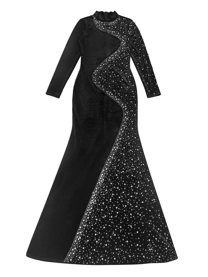 Long Sleeve Velvet Evening Gown for Women with Rhinestones and Mermaid Hem in Black, flat lay