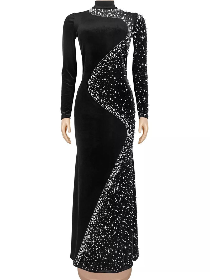 Long Sleeve Velvet Evening Gown for Women with Rhinestones and Mermaid Hem in Black, front view on form
