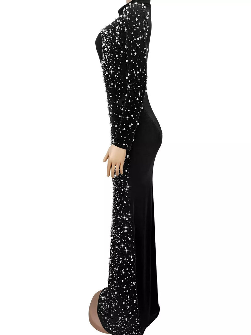 Long Sleeve Velvet Evening Gown for Women with Rhinestones and Mermaid Hem in Black, side view